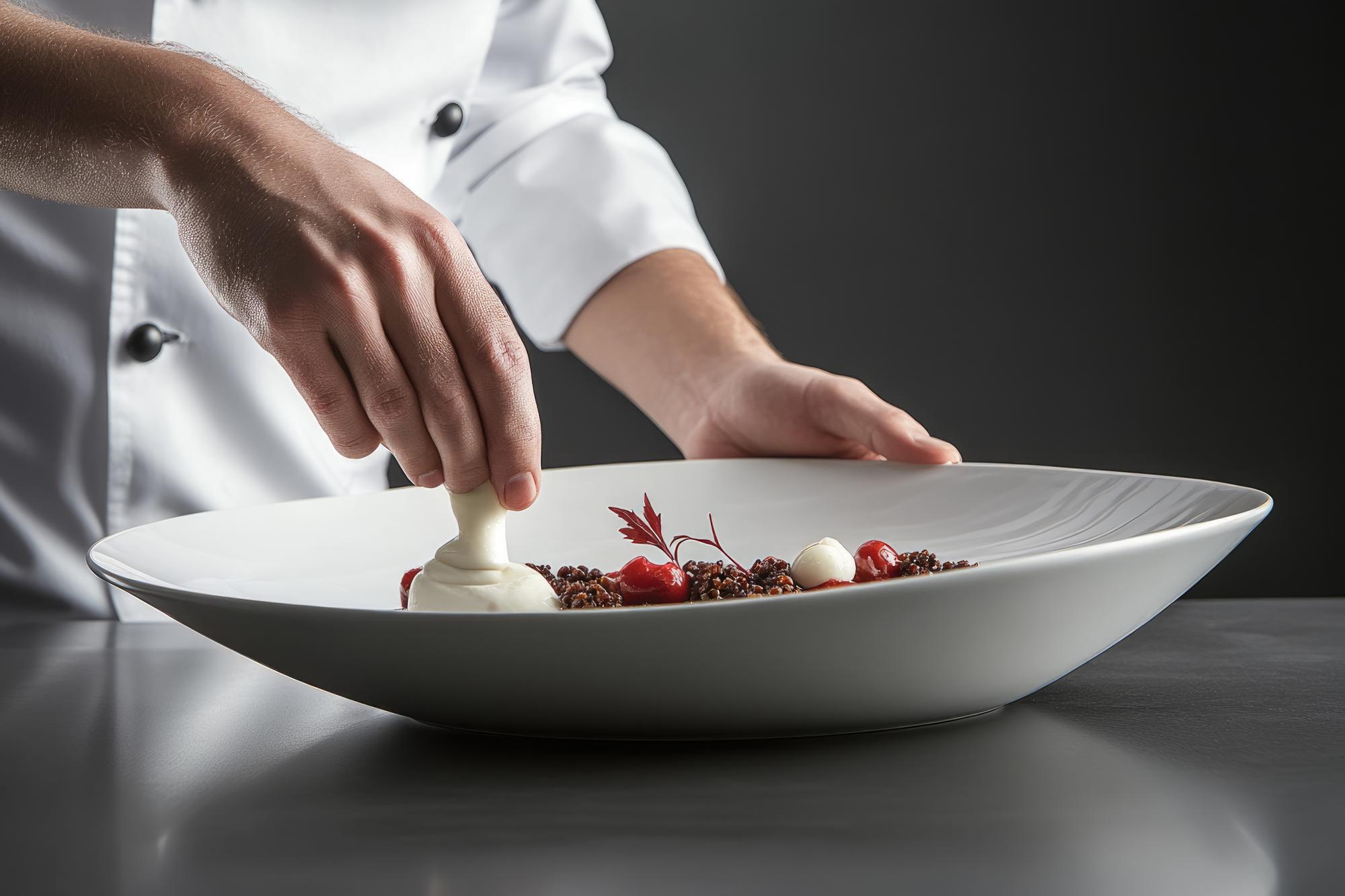 Chef testing a modern dish in studio